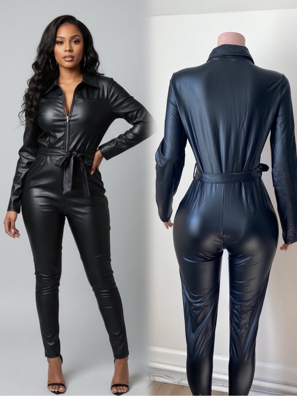 Faux Leather Black Jumpsuit with Waist Tie